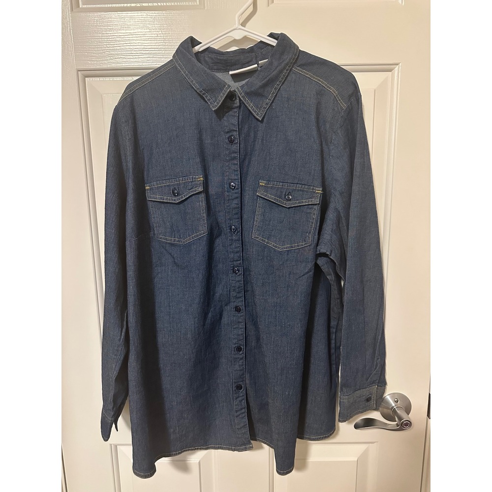 Denim & Co. Shirt Women 2X Blue Denim Button Down Long Sleeve Stretch Pockets